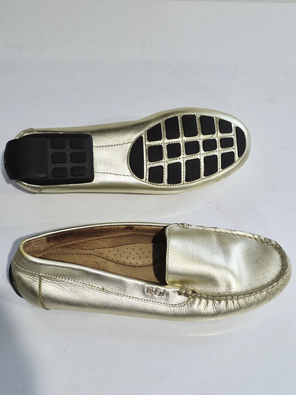 Metallic Gold Leather Driving Loafers for Women Size 6.5